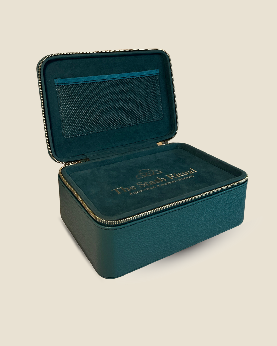 The Stash Ritual case open, showing the velvet tray and mesh storage pocket.